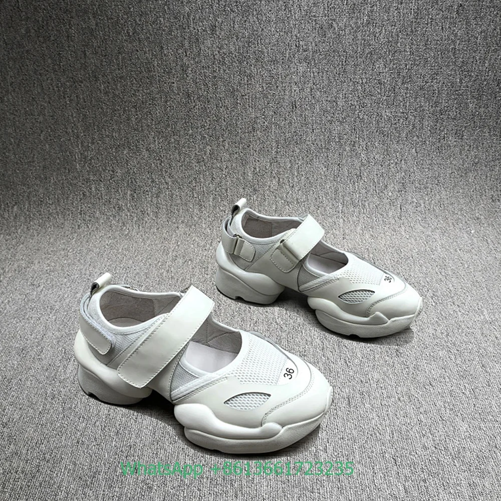 2023 New Style Casual Shoes Black White Real Leather Fashion Women Shoes Sport Slip On Platform Shoes Hook & Loop Mesh Round Toe