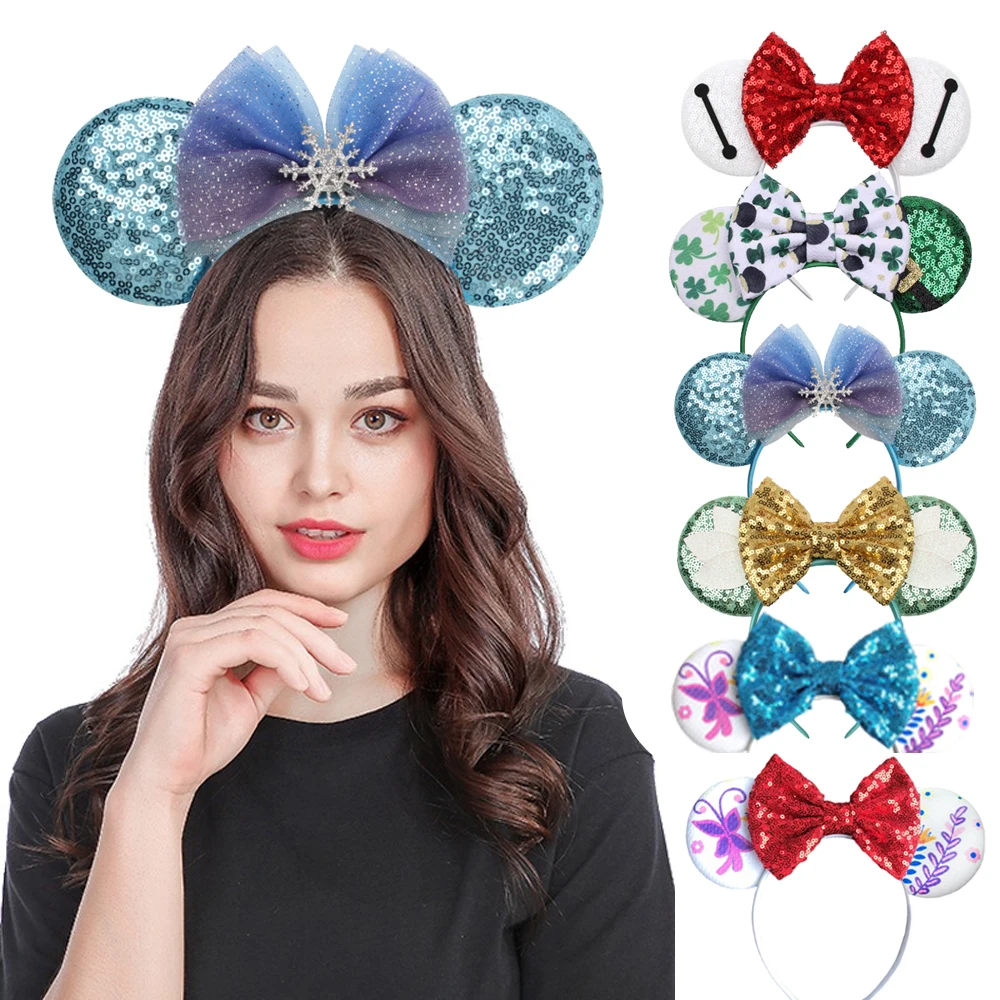 Glitter Christmas Hair Bows Minnie Mouse Ears Headband Girls 5'' Bow sequin Hairband Holiday Party Cosplay Adult/Kids Gift