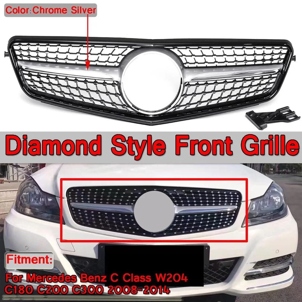 

Chrome Diamond Style Car Front Bumper Grille Racing Grills For Mercedes Benz W204 C180 C200 C300 2008-2014 Car Body Styling Kit