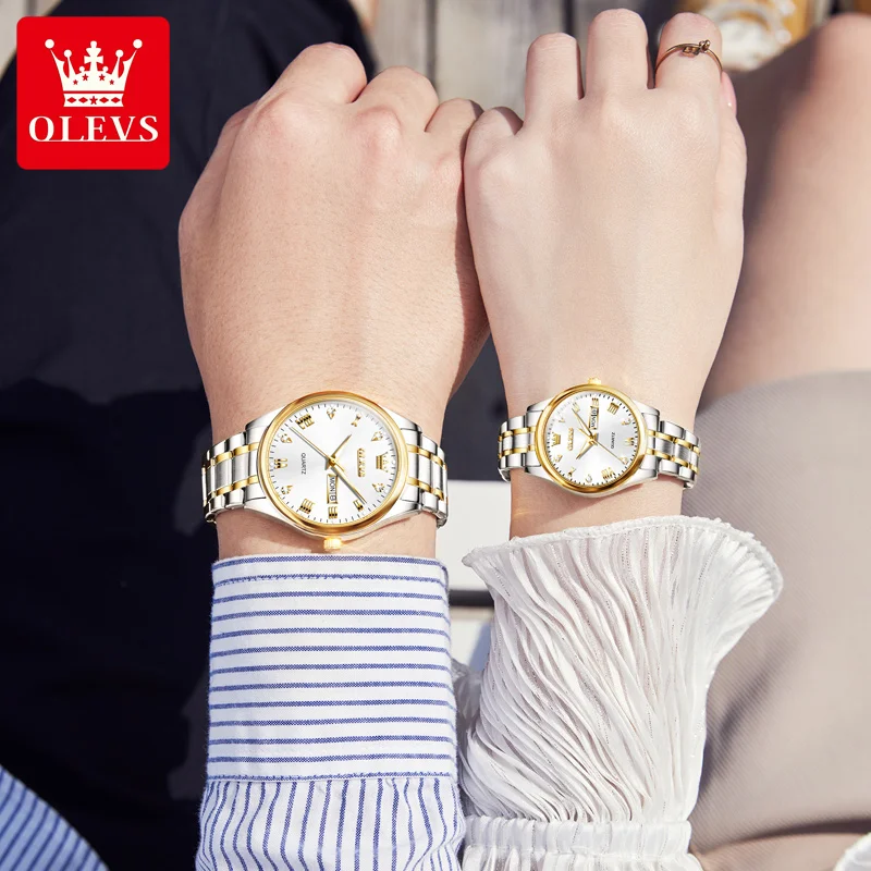 OLEVS 5563 Luxury Golden Diamond-encrusted Quartz Watch Couple Stainless Steel Strap Fashion Waterproof Lover's Wristwatch Set