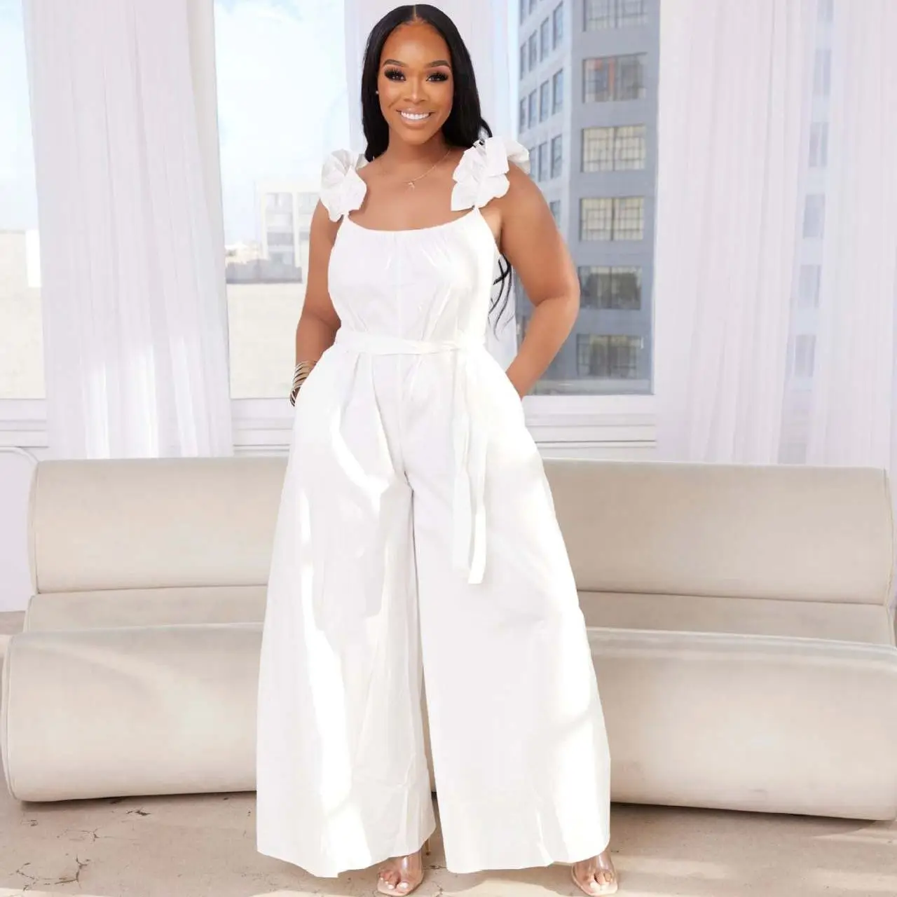 Plus Size Elegant Jumpsuit Sleeveless Belt Club Outfit Female Outwear Designer Wide Leg Pants 2023 Summer Fashion Women Jumpsuit