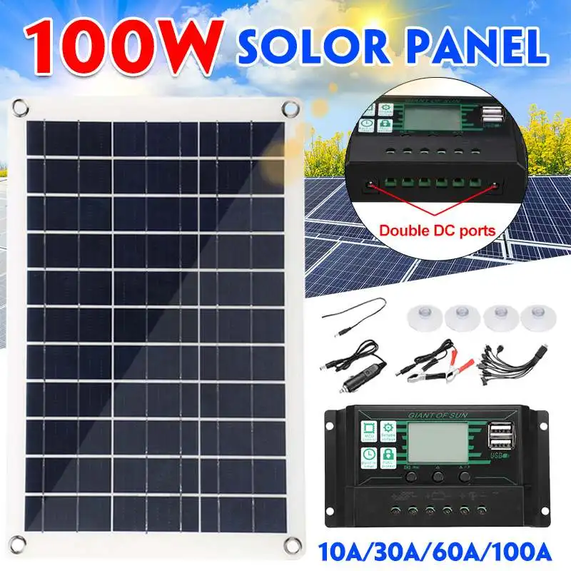 

Солнечная панель 100 Вт с двойным USB портом постоянного тока и контроллером а MPPT, солнечные батареи для RV, кемпинга, автомобиля, яхты, зарядное устройство