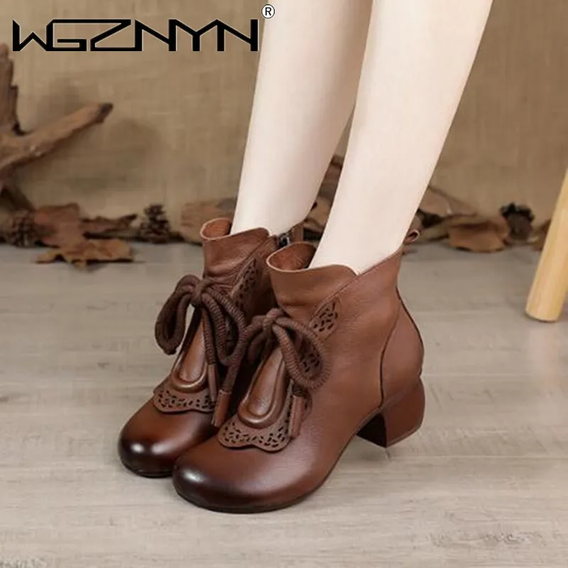 

NEW Retro Autumn Winter Shoes Women Boots Genuine PU Leather Zip Round Toe Handmade Concise Leisure Sewing Ankle Platform Boots