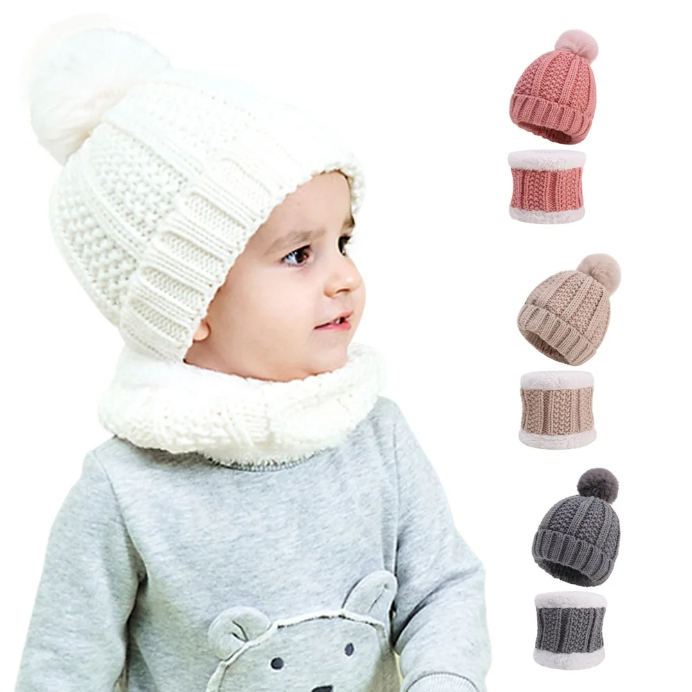 

New Newborn Baby Kids Girls Boys Hat Scarf Winter Warm Knit Hat Furry Balls Pompom Solid Warm Cute Lovely Beanie Cap set Gifts