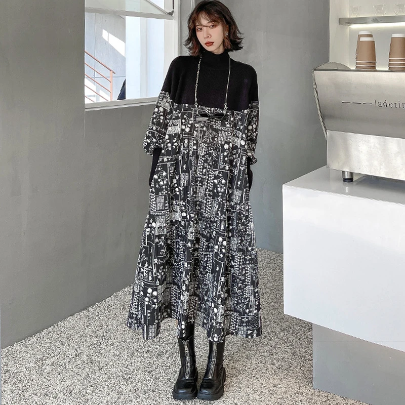 

Johnature New Fashion Patchwork Print 2022 Spring Women Dresses Streetwear Stand Collar Loose Render Female Dress