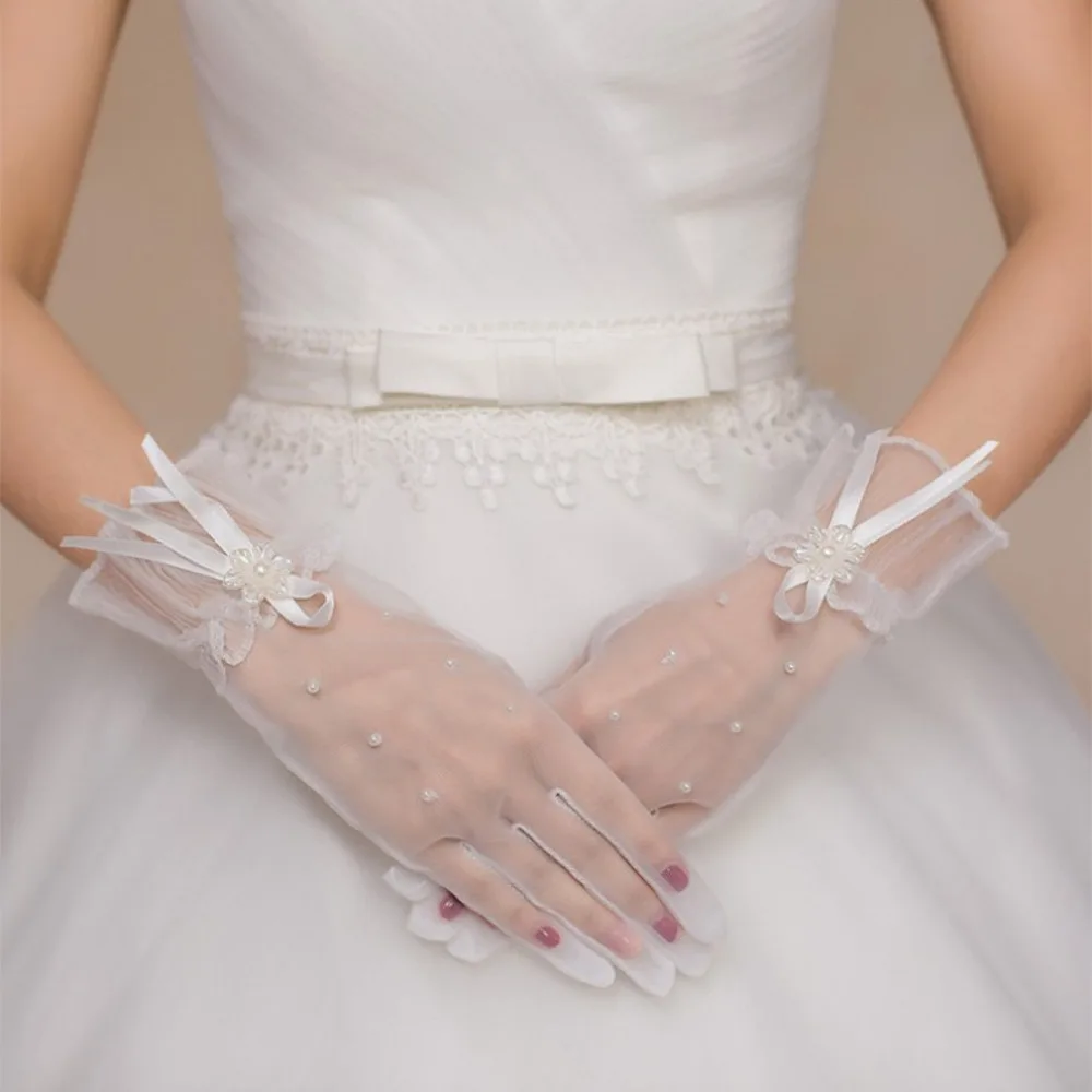 

Elegant Women Wedding Bridal Short White Gloves Breathable Tulle Ribbon Bow Brides Bridesmaid Accessories