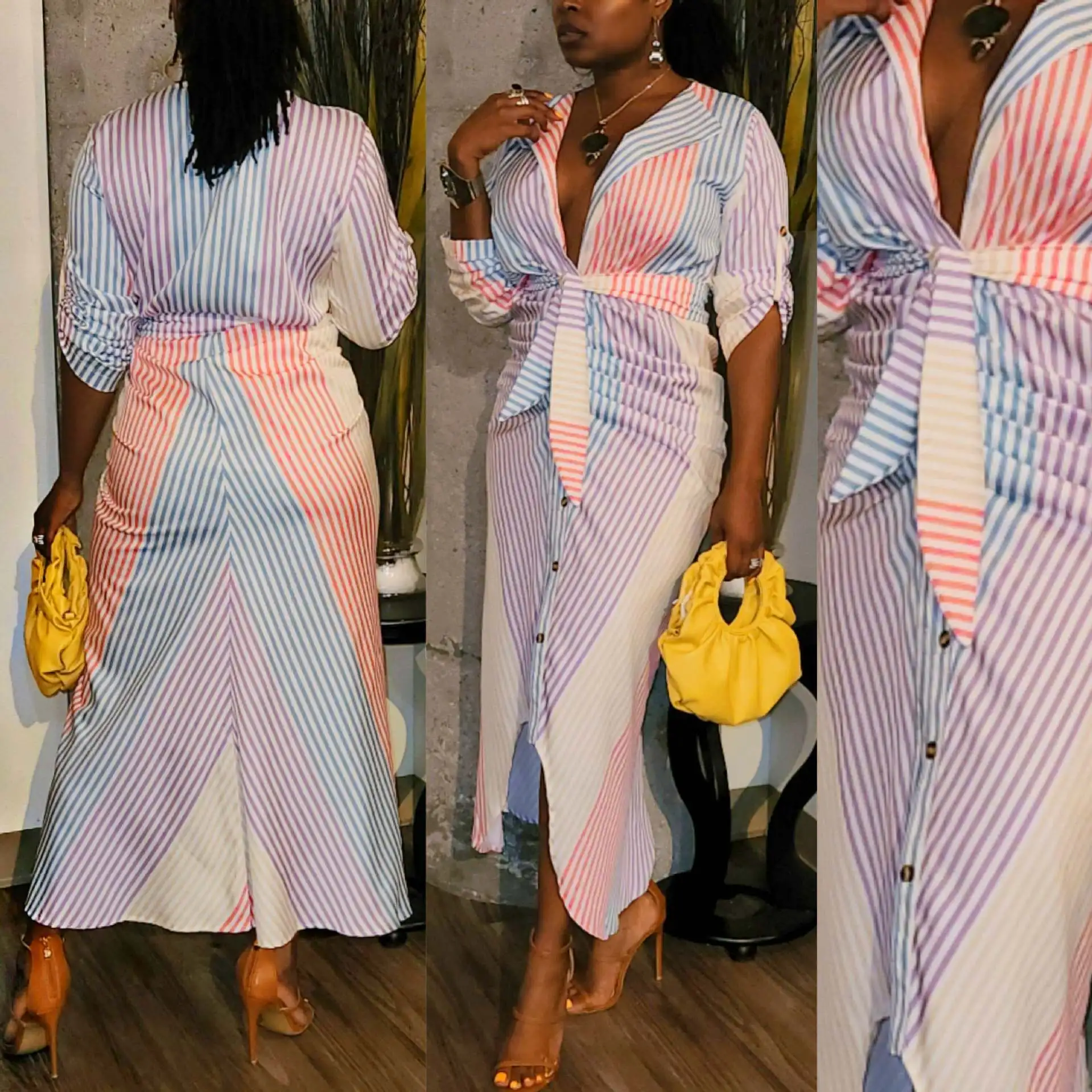 

Chocomist Dresses Trendy Office Wear Striped Print Women Maxi Shirt Dress