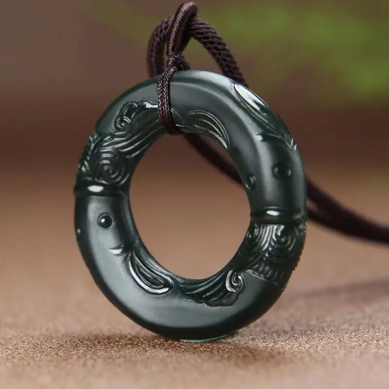 

Ожерелье из натурального нефрита ручной работы с круглой Нефритовой рыбой черного и зеленого цвета нефрита, ювелирные изделия для мужчин