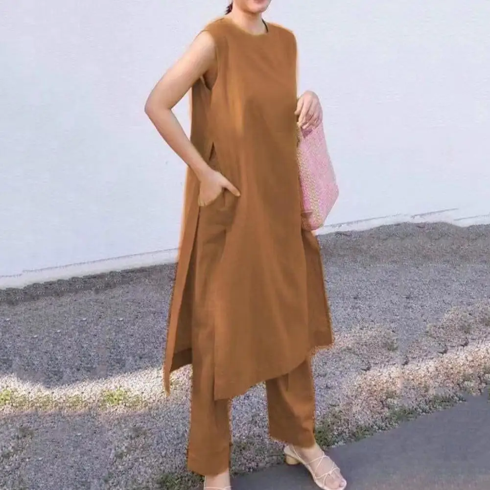 

M-5XL 2Pcs Top Pants Suit Solid Color Round Necks Sleeveless High Split Loose Long Top Lady T-shirt Trouser Set Daily Clothes