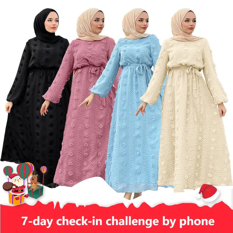 

2023 Summer Elegant Muslim Women Long Sleeve O-neck Polyester Black Pink Blue Long Dresses Muslim Fashion Abaya No Headscarf
