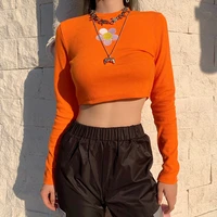 casual petal long sleeved printed knitted tops new women autumn short t shirts female spring fashion o neck orange polyester tee