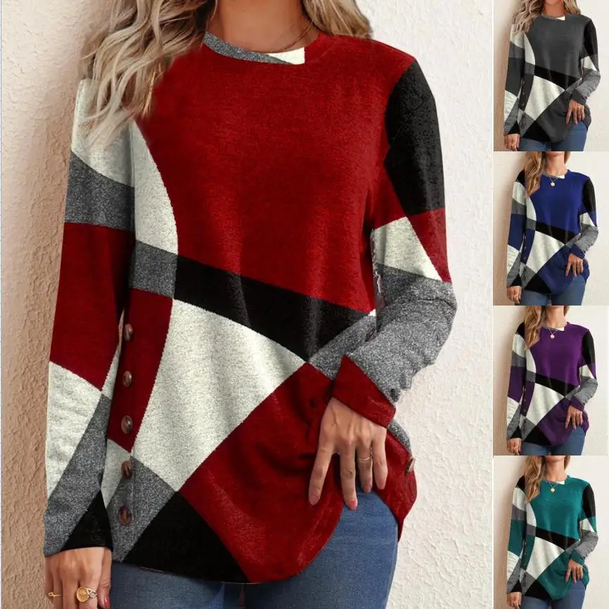 

2023 Geometric Contrast Button Long Sleeve Printed Loose T-shirt Women's Top