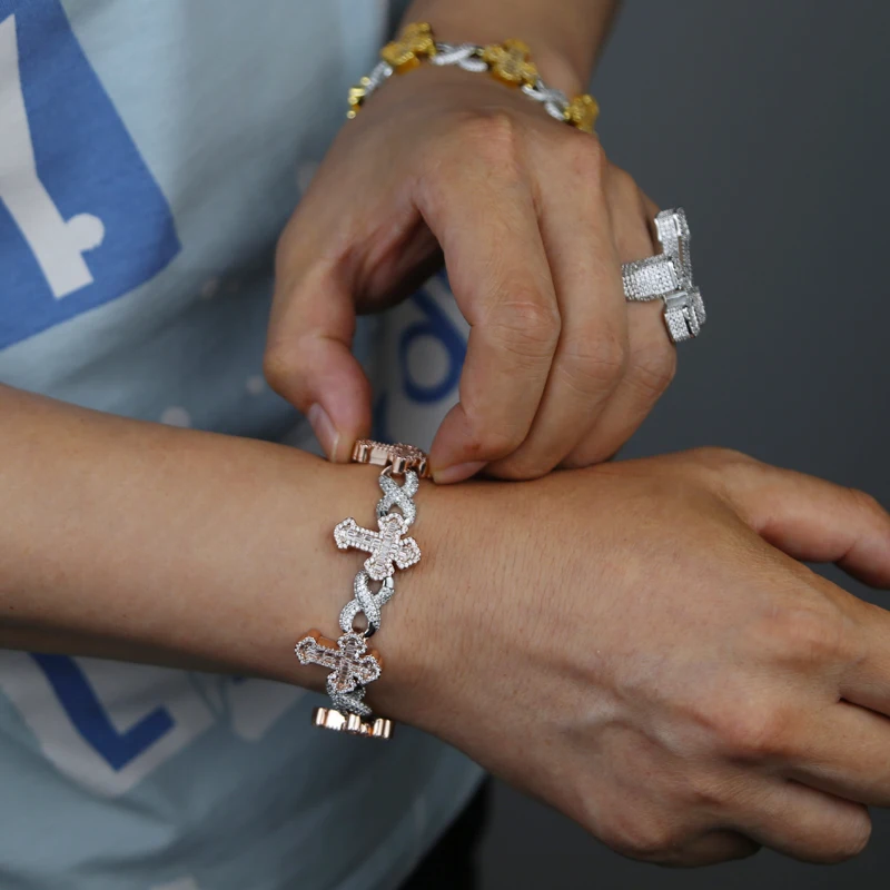 Роскошный браслет-цепочка Inifinity Link Bling 5A CZ с крестом и подвеской в форме зубца