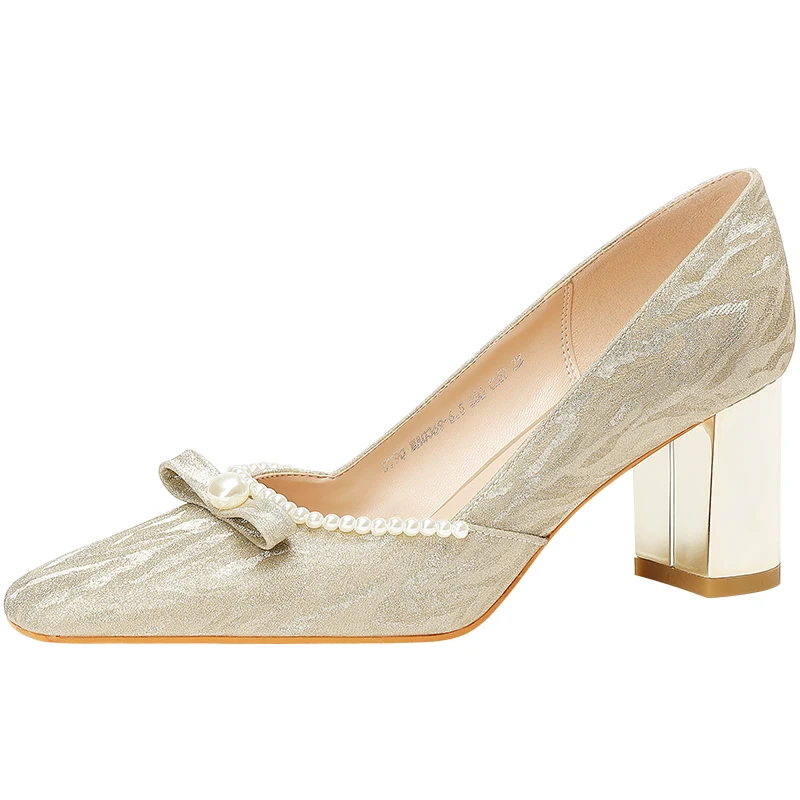 

COOMAOSDE Women High Heels Square Toe Block Heel Sequin cloth Bowknot PearlShallow Vintage Evening Women Wedding Shoes 6.5cm