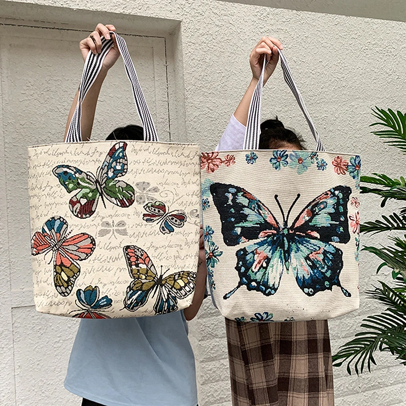 

Fresh Butterfly Printed Tote Bag For Women Linen Faric Bag Ladies Shoulder Bag Outdoor Casual Tote Foldable Shopping Bag