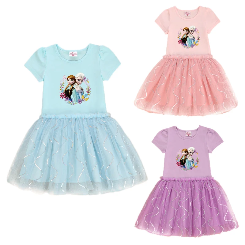 

Летняя одежда для маленьких девочек, сетчатые платья холодной Анны и Эльзы, детская модная юбка принцессы с блестками, детская повседневная...