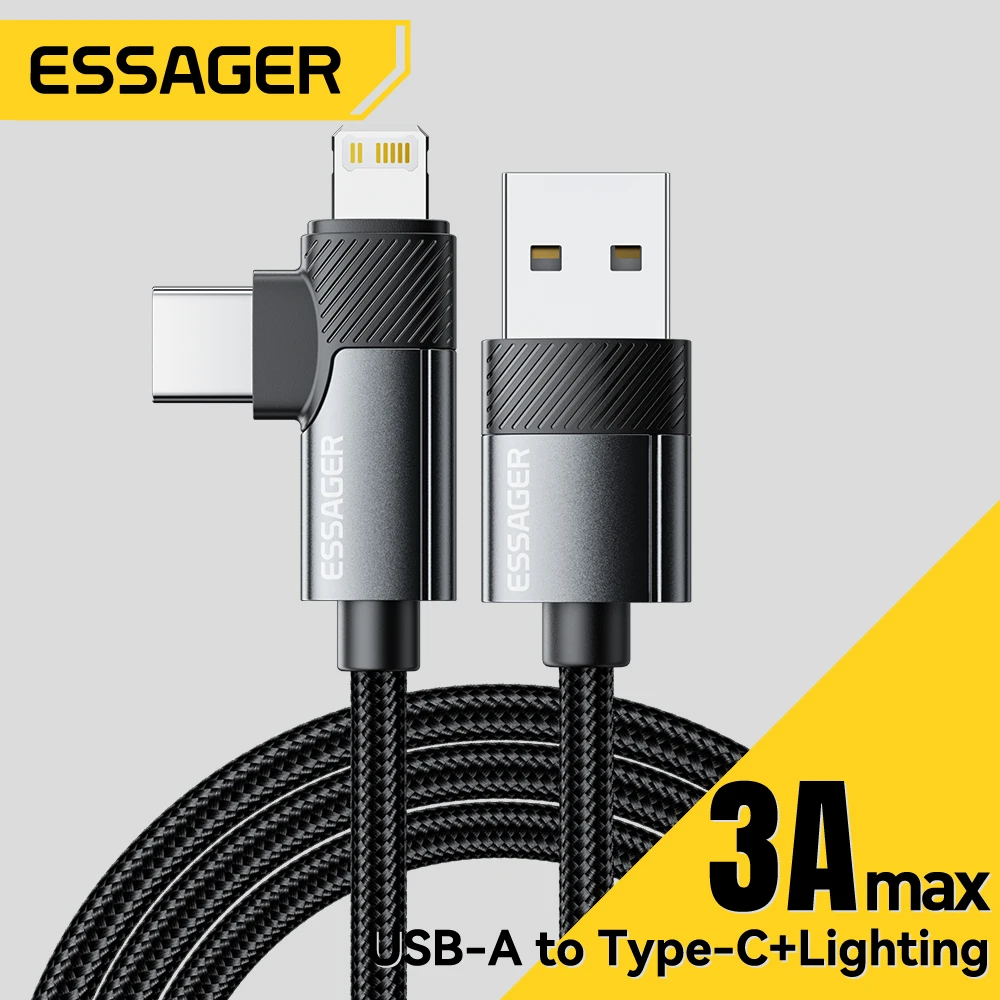 Фото Прямоугольный кабель Essager 2 в 1 USB A для Typec Lighting 3A, локоть для быстрой зарядки, кабель для передачи данных для iPhone 16 15 14 Samsung iPad Pro №1