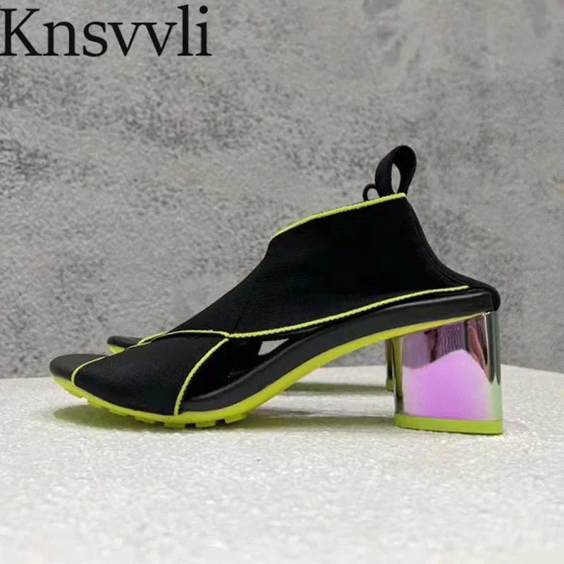 

Designer High Heel Shoes Women Stretch Fabric Round Toe Gladiator Sandals Ladies Slip-On Strange Style Pumps Shoes Woman