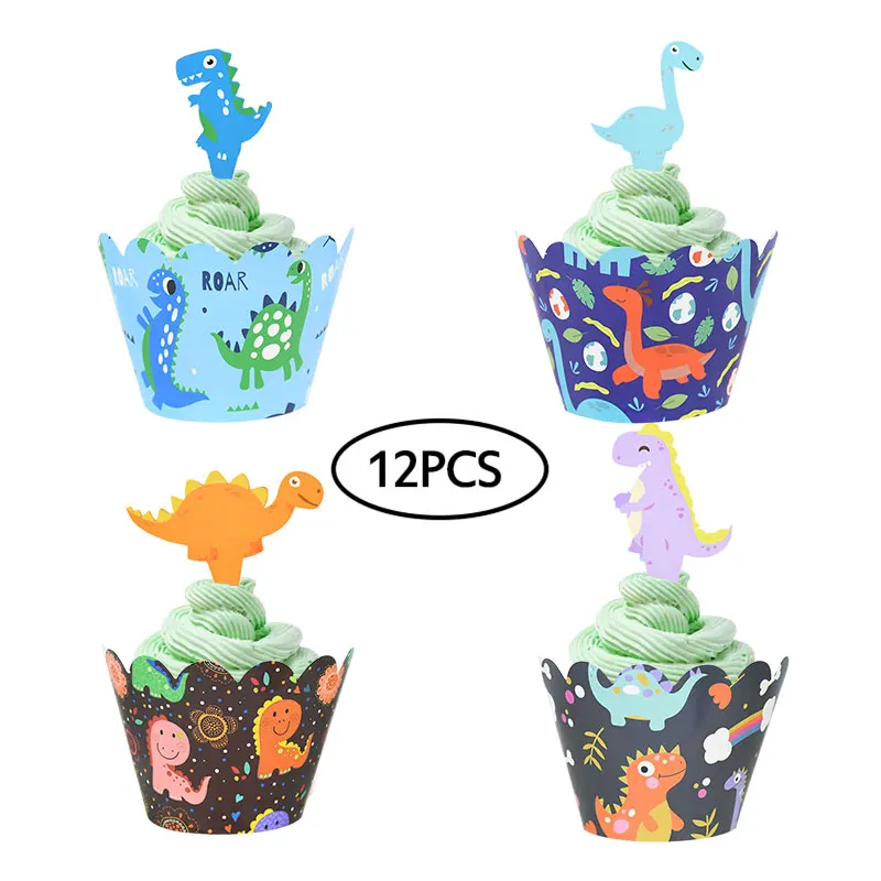 

12pcs Dinosaur Cupcake Wrappers Toppers Set Jungle Safari Birthday Party Decoration Baby Shower Cake Topper Dino Party Supplies