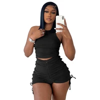 tracksuit solid color 2 piece set drawstring sport suit for women sexy crop top camisole shorts bodycon suit 2022 summer women