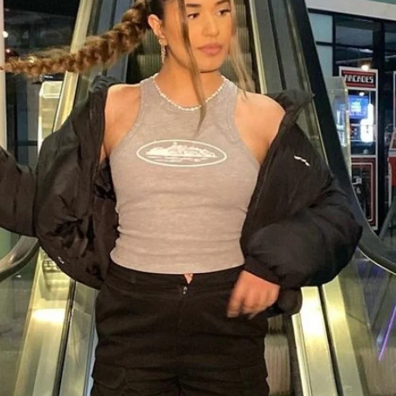 

2022 New Fashion Crop Tops Tank Vest Sexy Shirts Tops Women Sleeve Less Streewear O Neck Slim Short Baby Tee Y2K Tank Vest Black