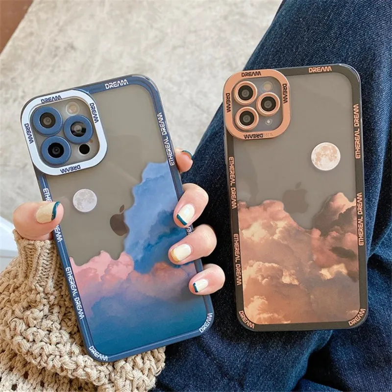 

Retro Moon night Late cloud Phone Case For iPhone 13 Pro 11 12Pro Max XR XS Max 7 8 Plus X Lens Protection Shockproof Soft Cover