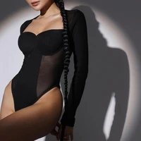 square neck black mesh long sleeve transparent bodysuit women slim fit solid sexy fishnet cups jumpsuit party club body suit