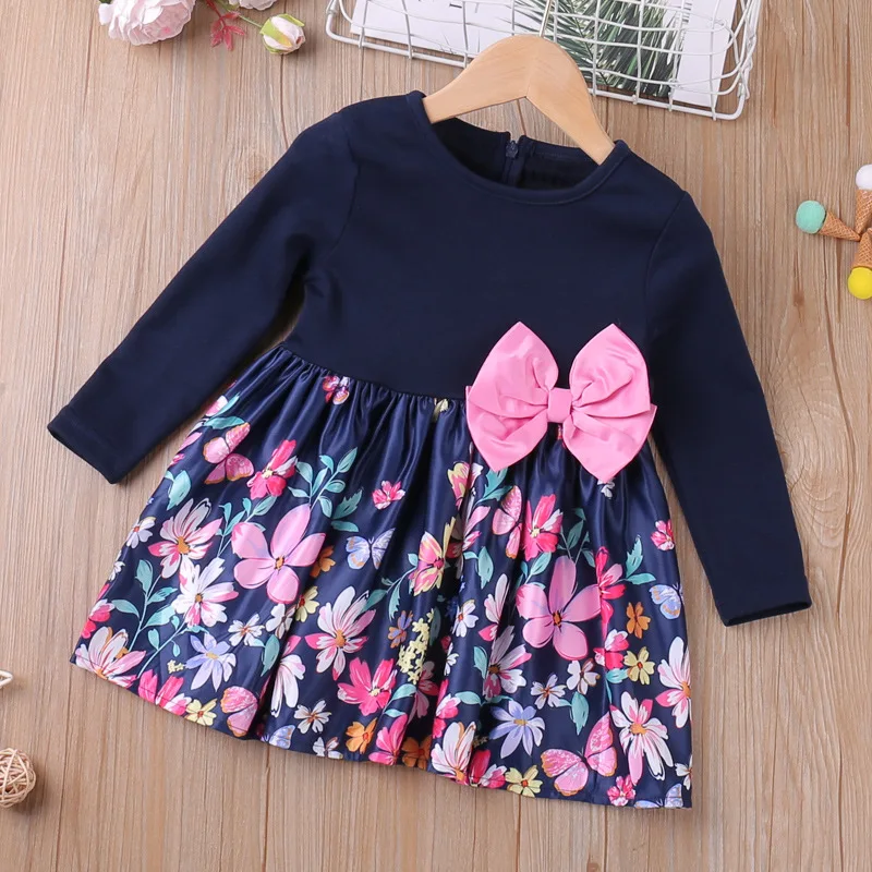 

Весеннее детское платье, Осенняя детская одежда с бантом и цветочным принтом, платья принцессы для детей