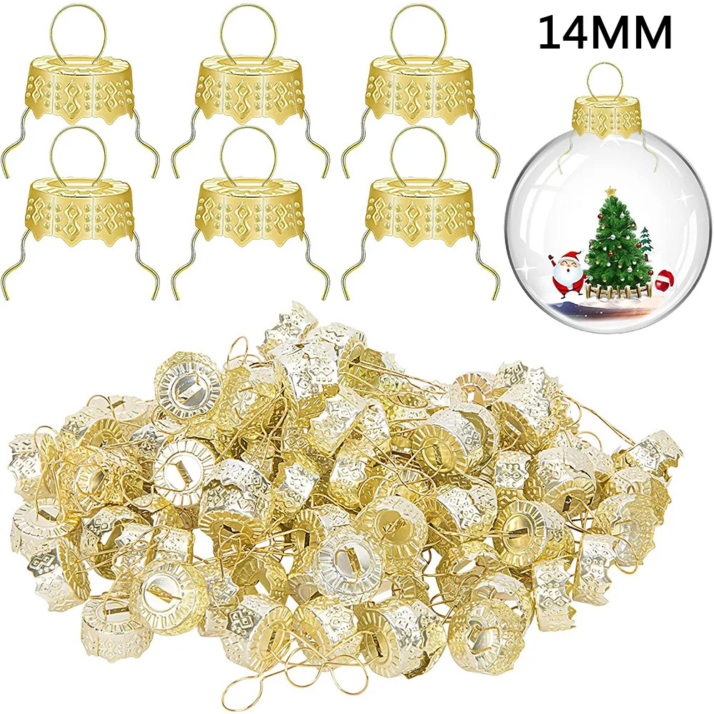 50PCS Round Christmas Ball Ornament Caps Gold Removable Metal Hangers Cap Xmas New Year Replacement Ornaments Cap DIY Decor