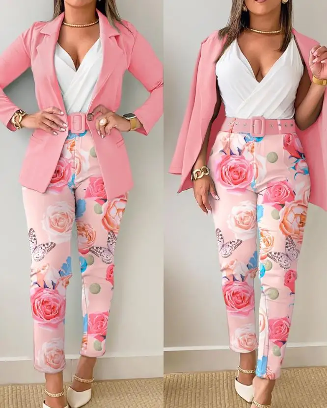

Two Piece Set Women Outfit 2023 Spring Fashion Notched Collar Long Sleeve Buttoned Blazer Coat & Elegant Floral Print Pants Set