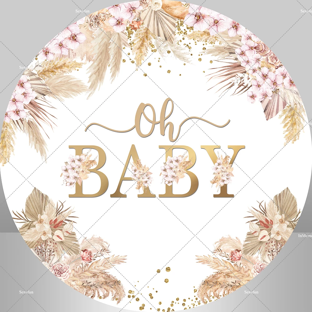 

Oh Baby Circle Backdrop Cover Brown Pamper Grass Baby Shower Birthday Round Background Party Decor Photocall
