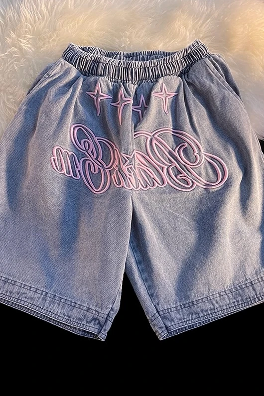 Harajuku Style Casual Shorts Summer Women Fashion Embroidery Letters Denim Shorts Girl Loose High Street Blue Short Pants Female