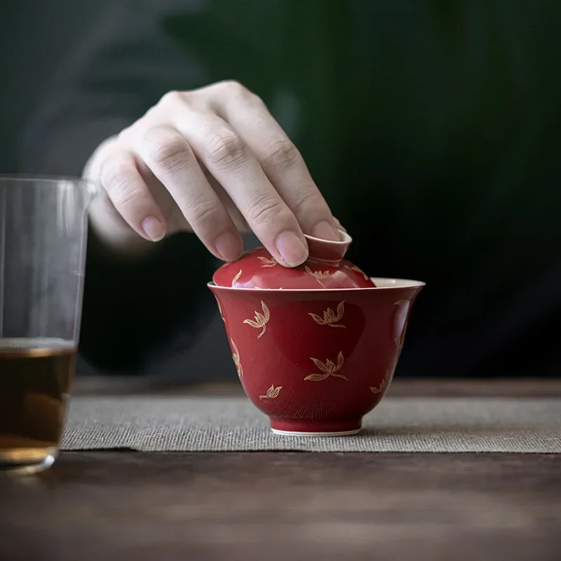 Позолоченная красная Осенняя Орхидея Gaiwan от Lang Hong позолоченная наклейка чаша