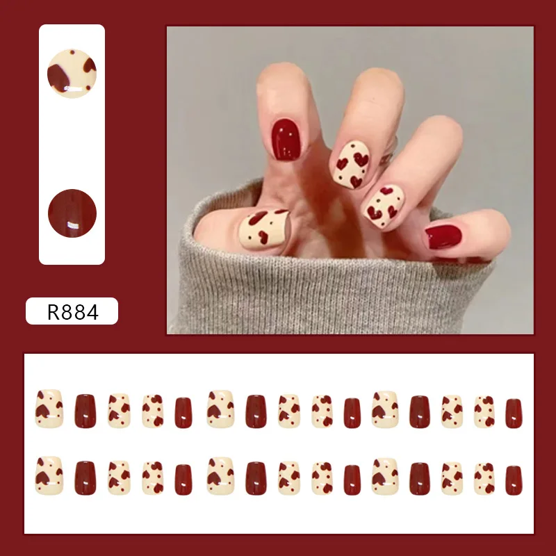 30 шт. Красные многоразовые накладные ногти Sweet Love Press on Nails с дизайном Короткие