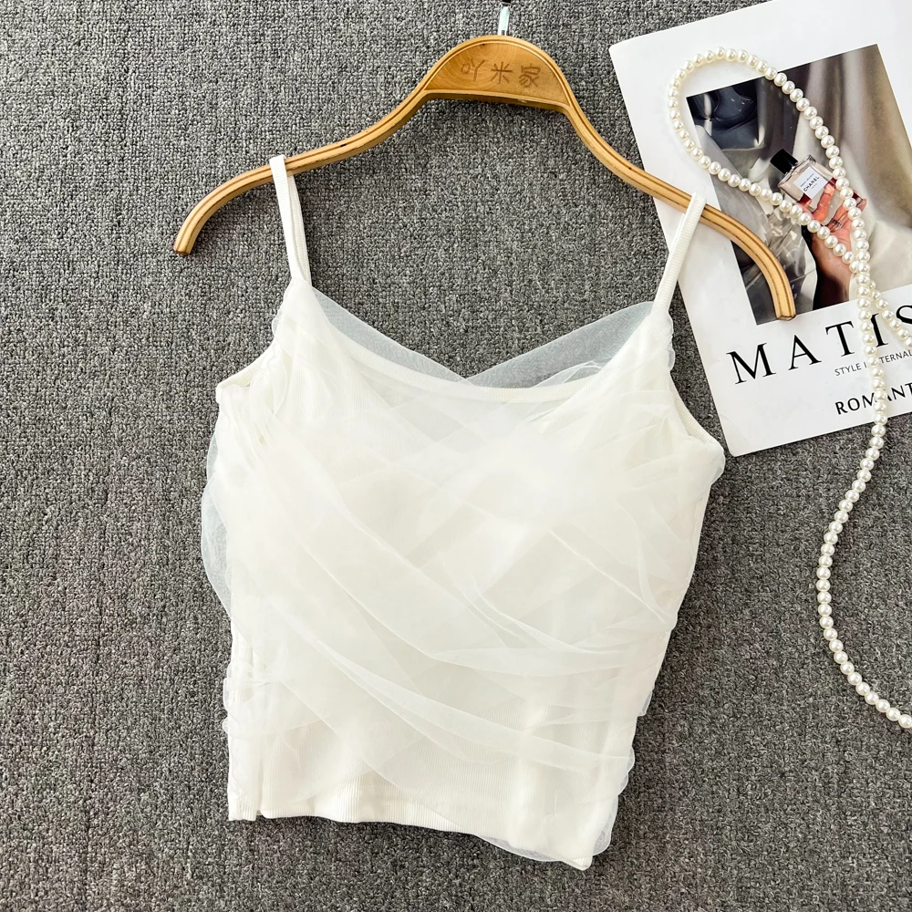 

Women's Summer Splicing Mesh Tier Camisole Korean Fashion Sleeveless Tank Top Solid Color Basics Female Crop Tops White Camis