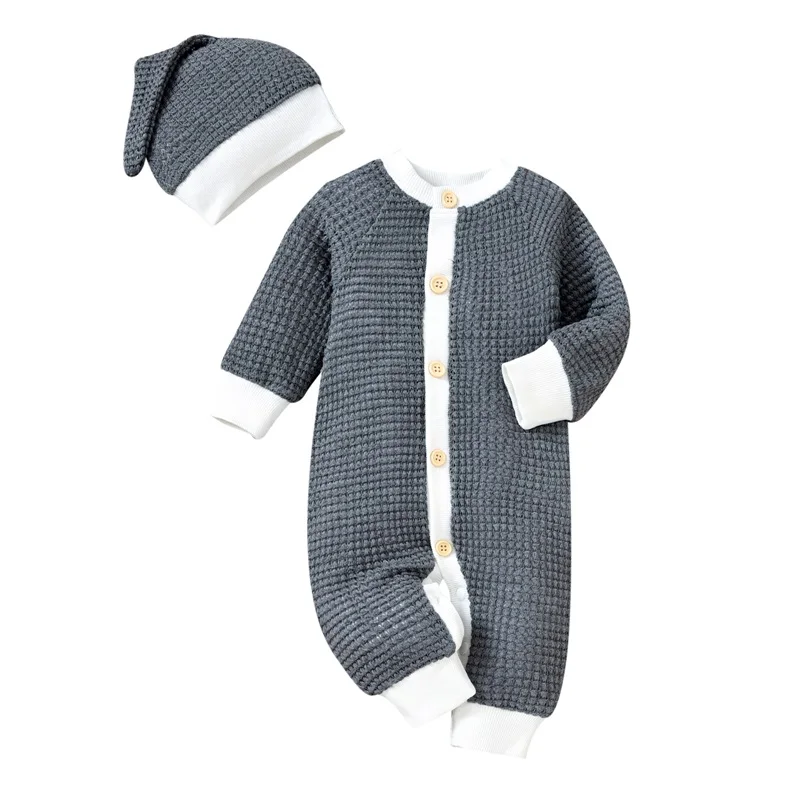 

Baby Girls Boys Outfit, Infant Color Matching Long Sleeve Round Collar Woolen Cardigan Single-breasted Romper + Cap Set