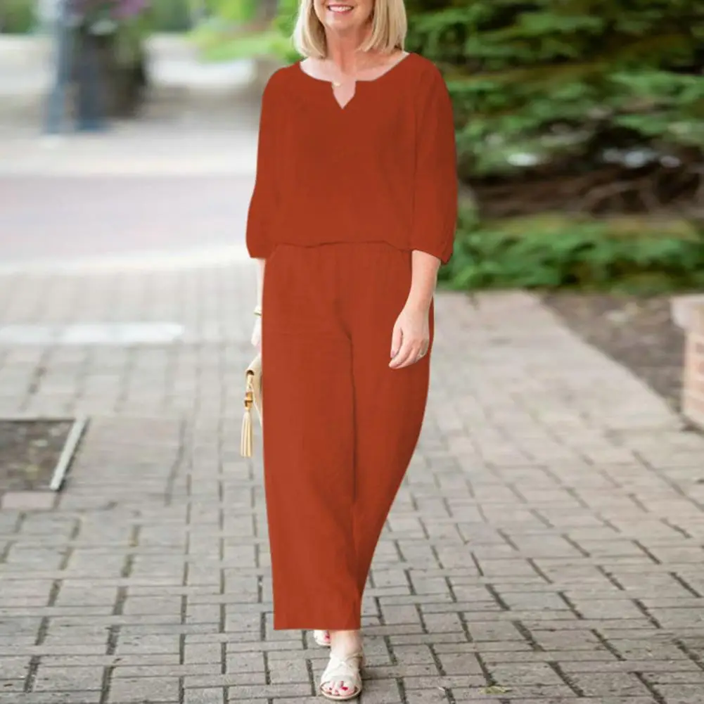 

Комплект из топа и брюк с V-образным вырезом, высокой талией и рукавом 3/4