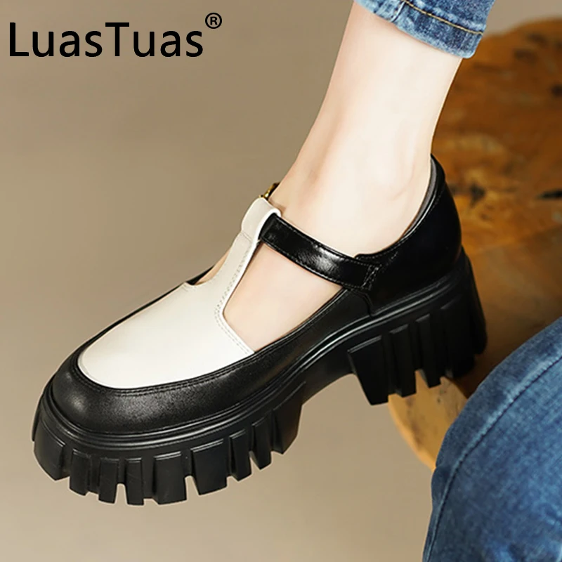 

LuasTuas Size 34-40 Women Pumps Real Leather High Heels Shoes For Woman 2022 New Fashion Platform T Strap Office Lady Footwear