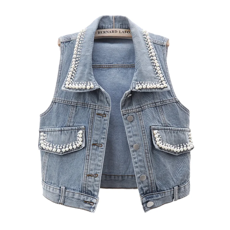 

Korean Beading Denim Vest Women Slim Short Waistcoat Big Pocket Casual Cowboy Sleeveless Jacket Vintage Blue Jeans Vest Female