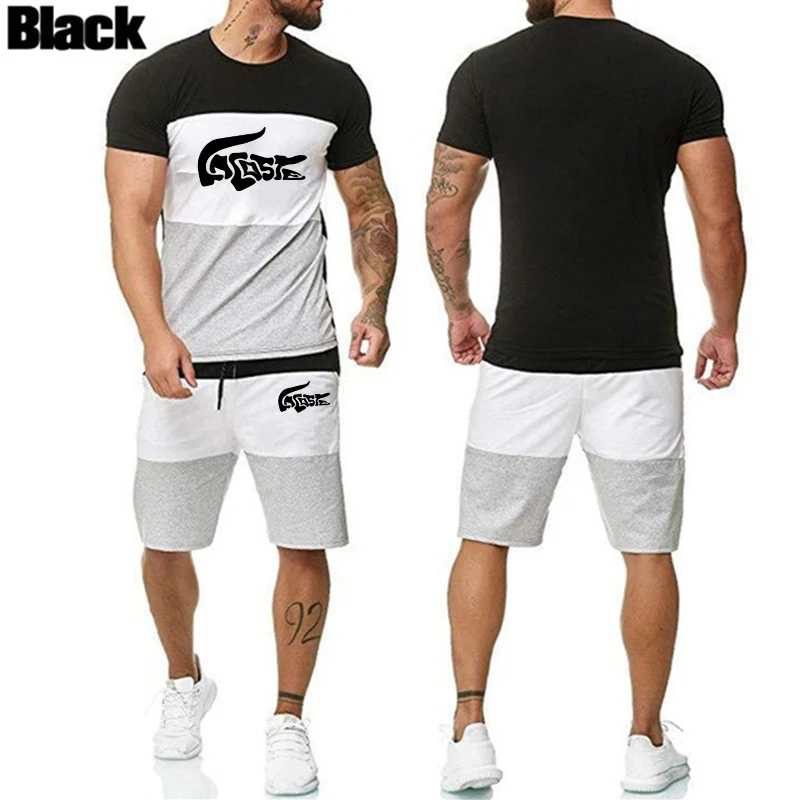 

Summer Men's Thin Sportswear Bodybuilding Striped Short Sleeve Shorts Sets Male Fashion Color Matching Sports Suits Streetwear