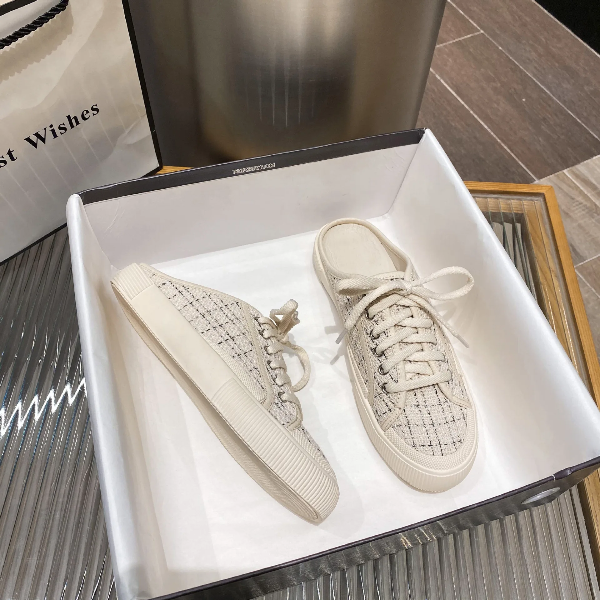 2022  Autumn New Women Shoes Wool Lace-up Sneakers Canvas Shoes Flat Casual Semi-slippers Lazy Shoes Mules Slingback Sneakers