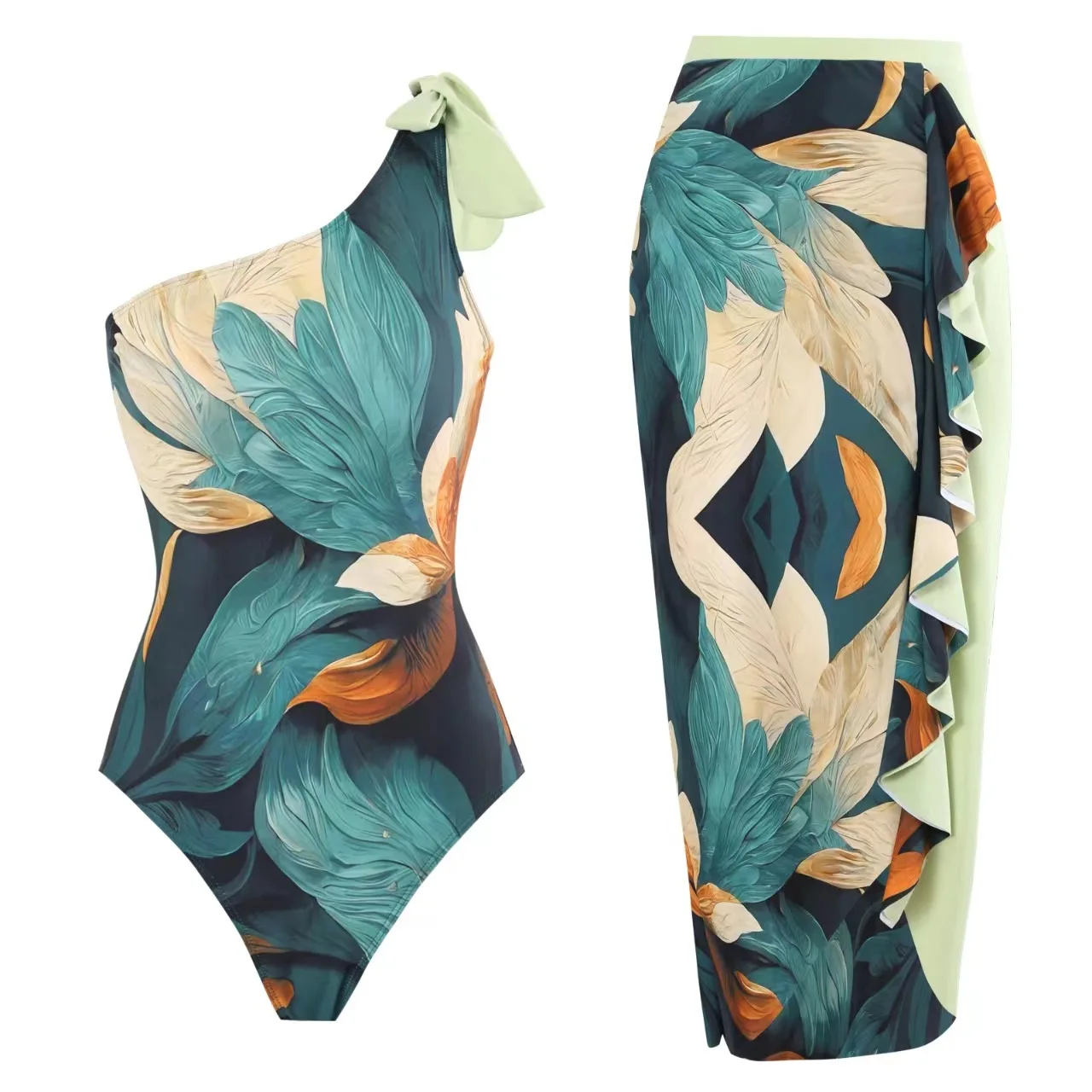 

Floral Print One Piece Swimsuit for Woman 2024 New One Shoulder Swimwear Female Vintage Designer Bathing Suit Cover Up Summer