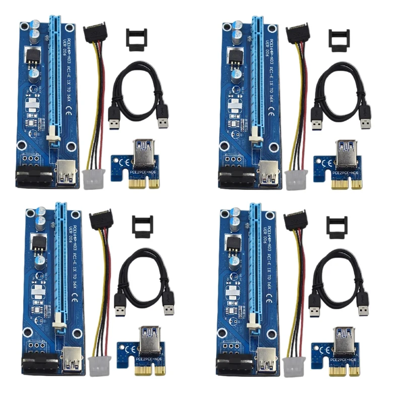

4Pcs Ver006 Pci-E Riser Card For Pci Express 1X To 16X Pcie Card Extender USB 3.0 Sata Cable For 4 Pin Power