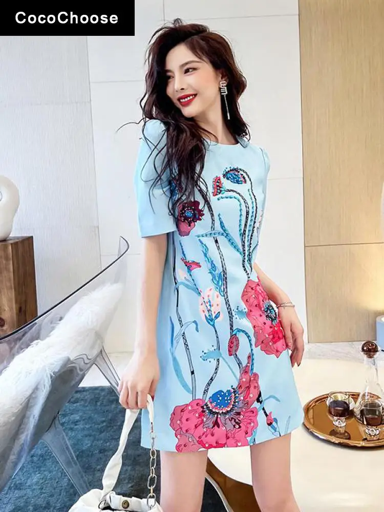 

Luxury Designer Dress Summer 2022 Fashion Women Short Sleeve High-end Floral Print Beading Sequin Shift Dresses Blue