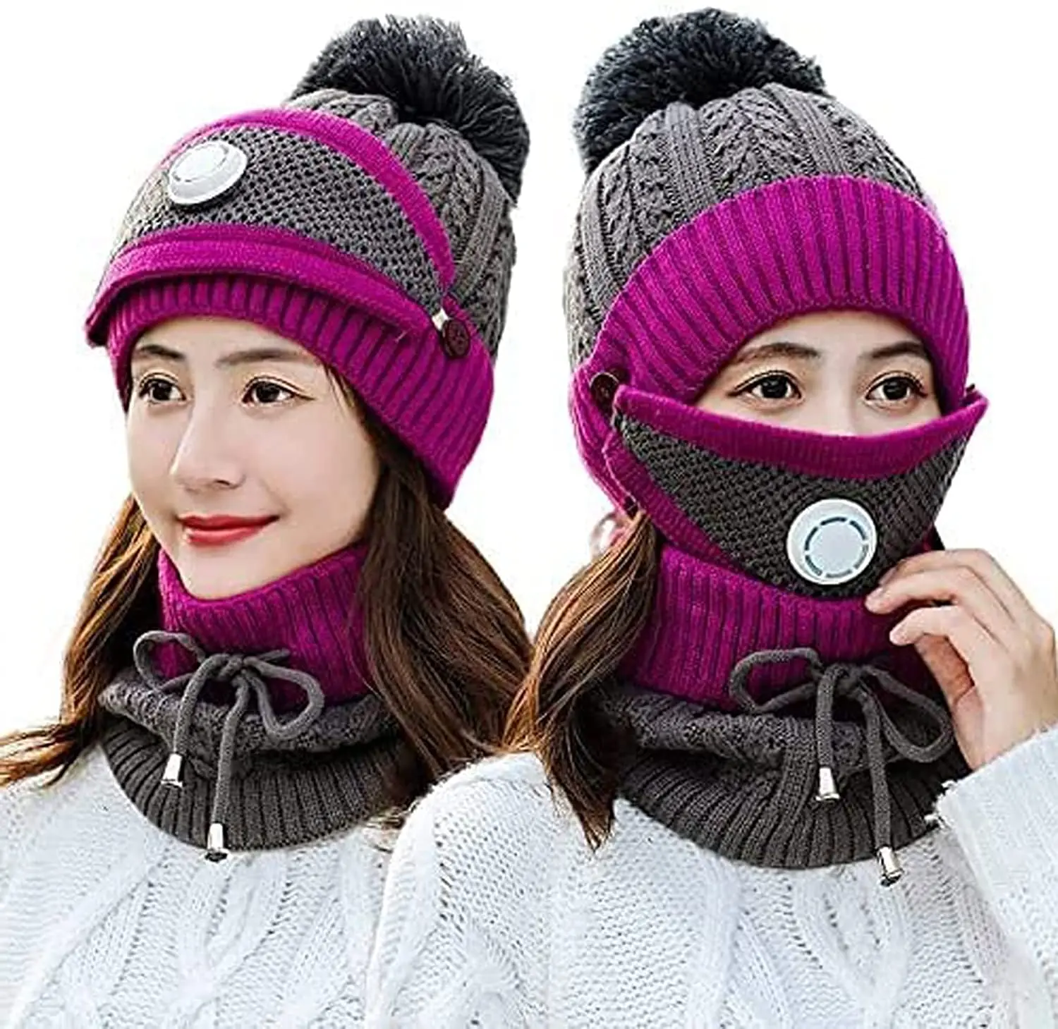 

Winter Beanie Hat Women Knitted Hat Thickened Woolen Cap with Warm Mask Neck Scarf Beanie Hat Winter Scarf Mask Cycling