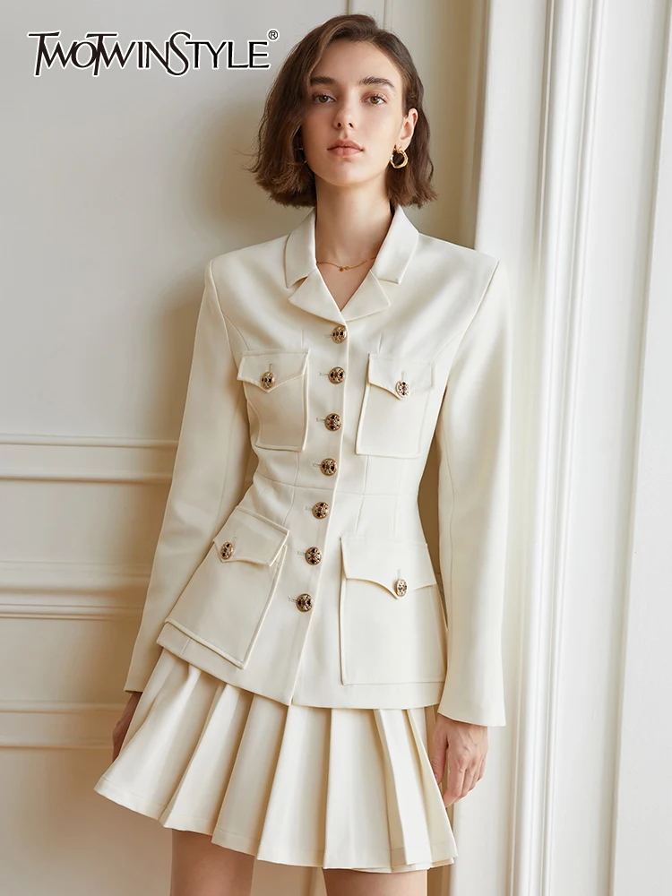 

Женский комплект из двух предметов TWOTWINSTYLE, приталенный Блейзер с отложным воротником и длинными рукавами, мини-юбка трапециевидной формы с высокой талией, модная одежда