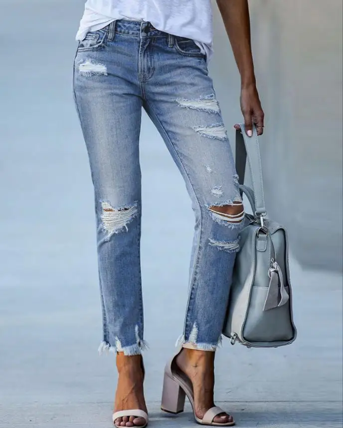 

Women's Jeans 2022 Trend Autumn Fashion Zipper Fly Cutout Ripped Raw Hem Casual Skinny Plain Daily Pocket Long Jeans