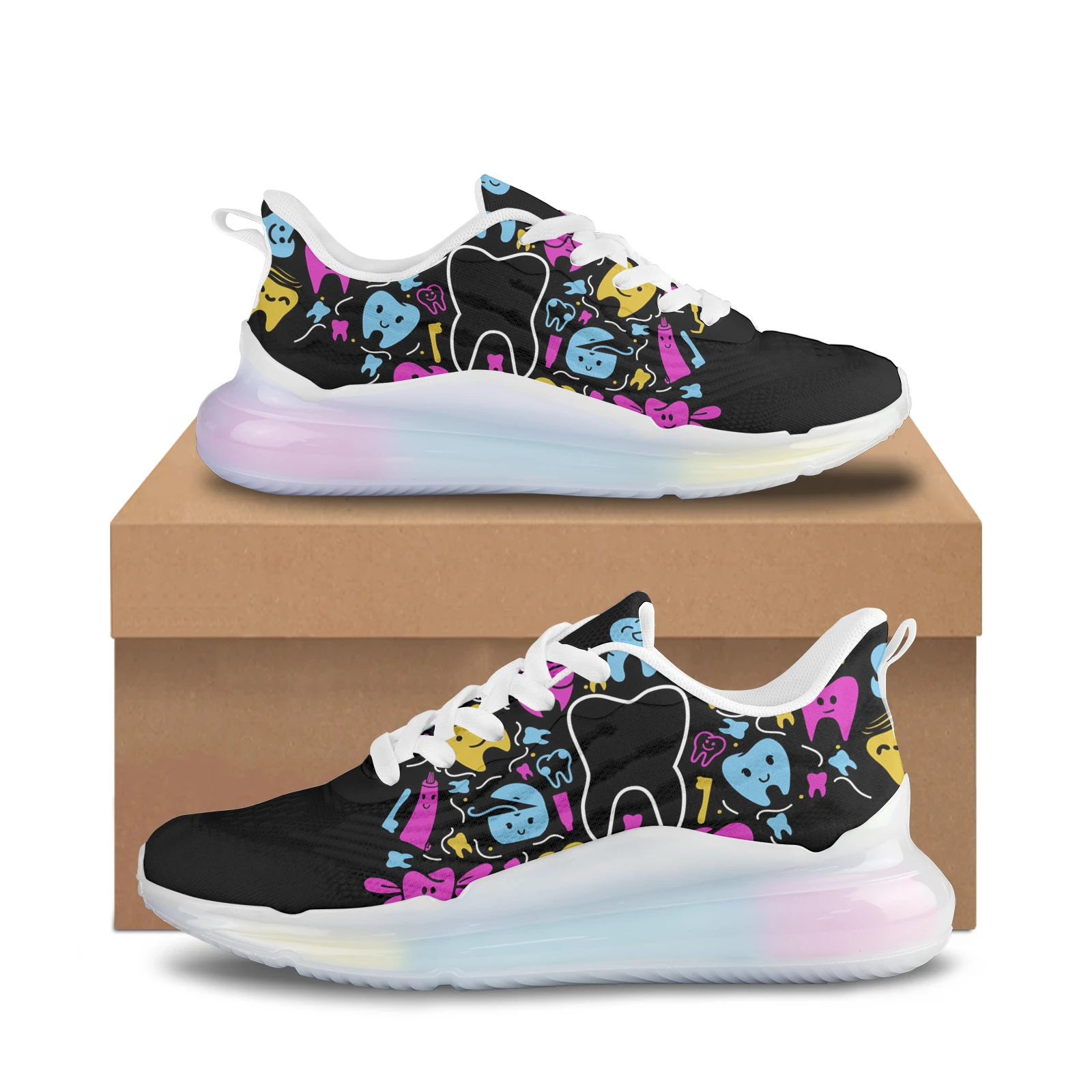 

Rainbow Cartoon Tooth Printing Mesh Breathable Outdoor Sport Sneakers Training Shoes Air Cushion Womens Shoes Customized Shoes