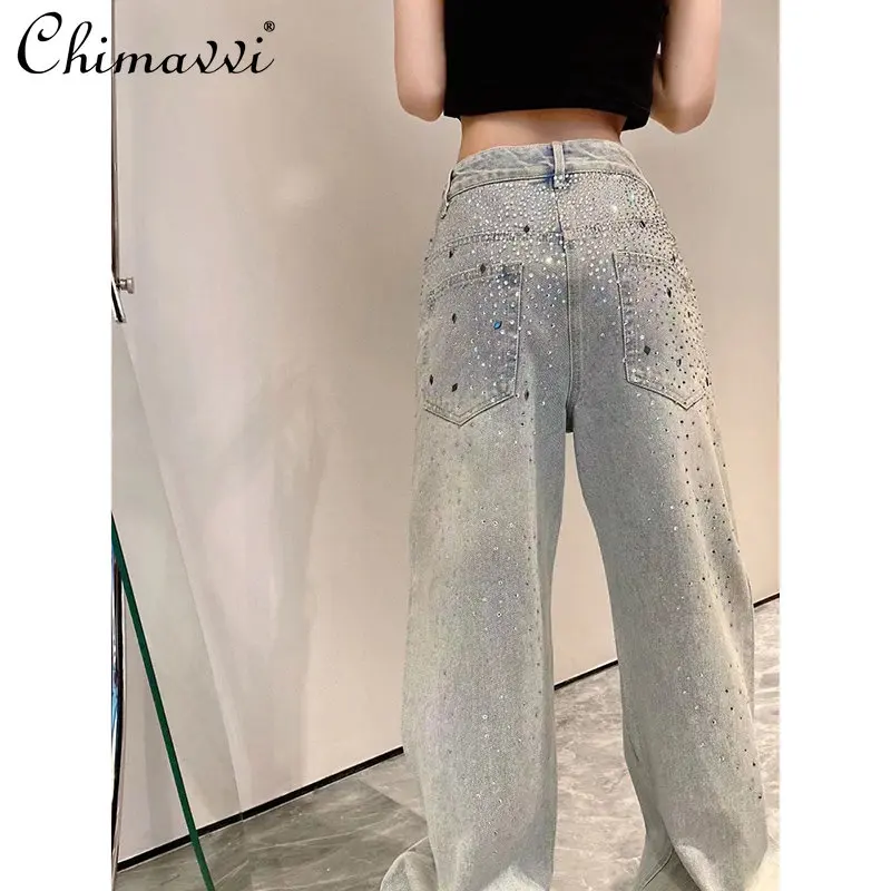 2023 Spring and Autumn New Heavy Industry Rhinestone Split Jeans for Women Fashion Design Straight High Waist Trousers All-Match