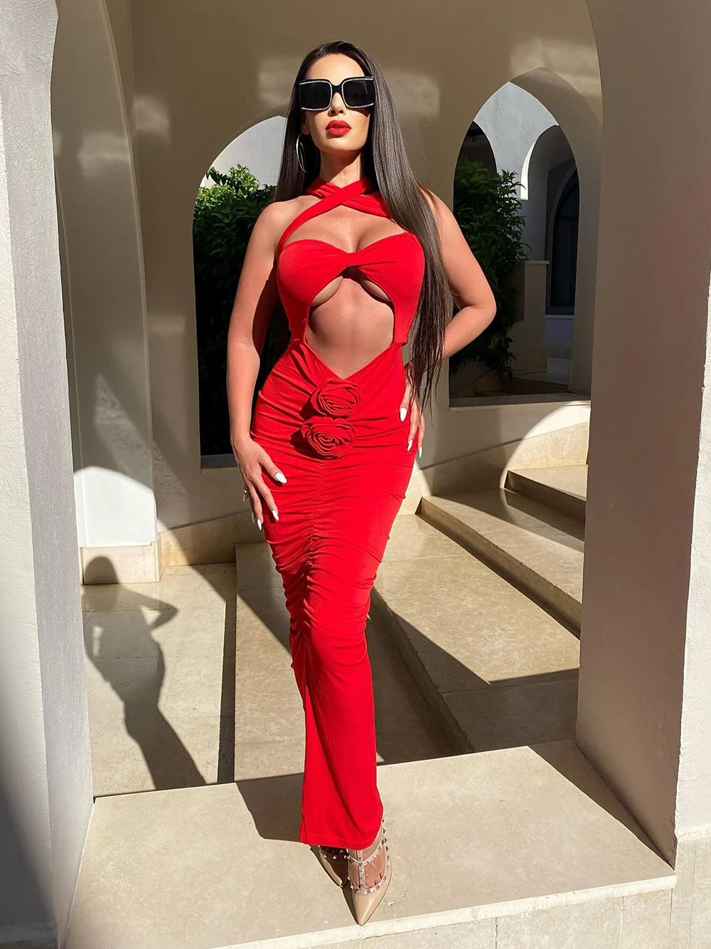 

2023 Summer New Women Sexy Red Sleeveless Halter Hollow Out Flower Drop Pleated Wrap Hip Midi Maxi Bodycon Celebrity Club Dress